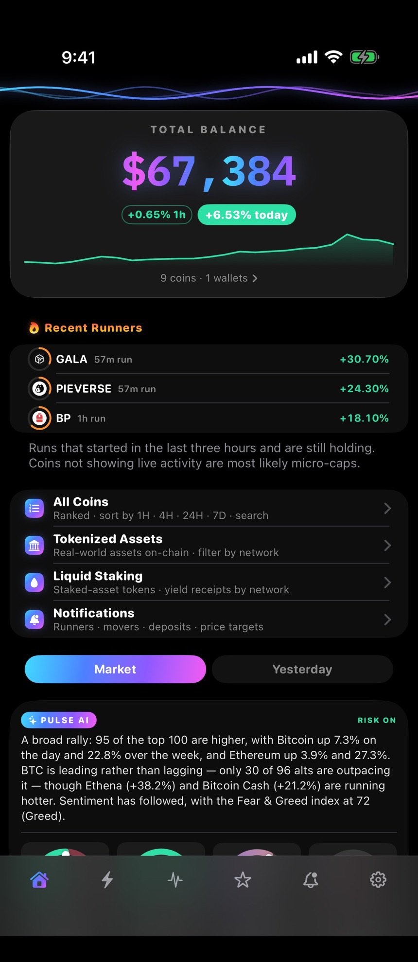 Crypto Pulse home screen showing a live portfolio, market boards and watchlist